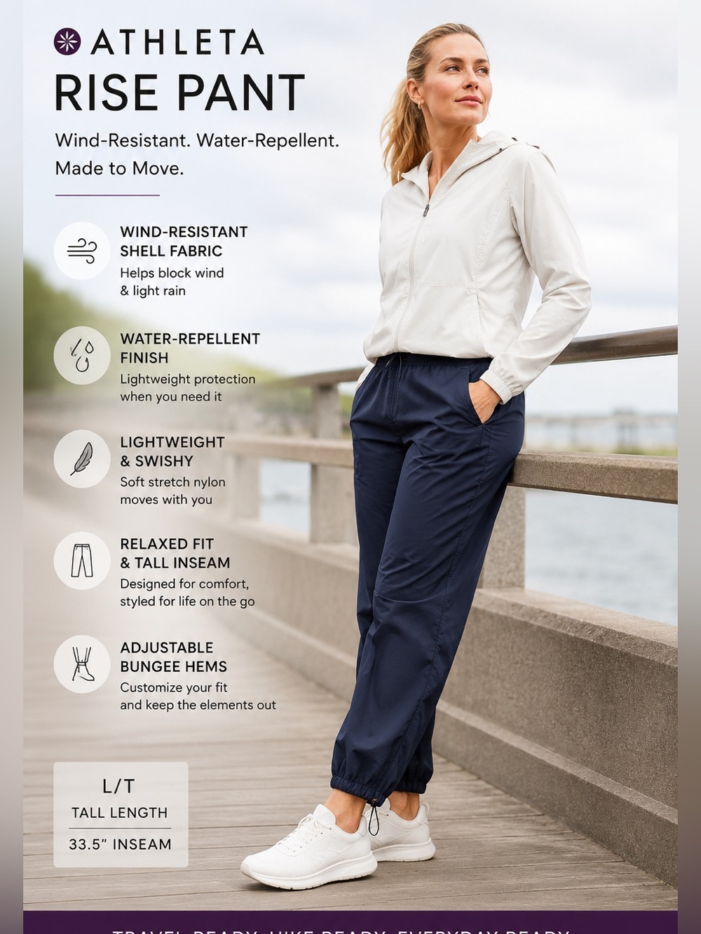 Athleta Rise Pant Women’s L Tall Navy Wind Resistant Travel Jogger Pants 472261